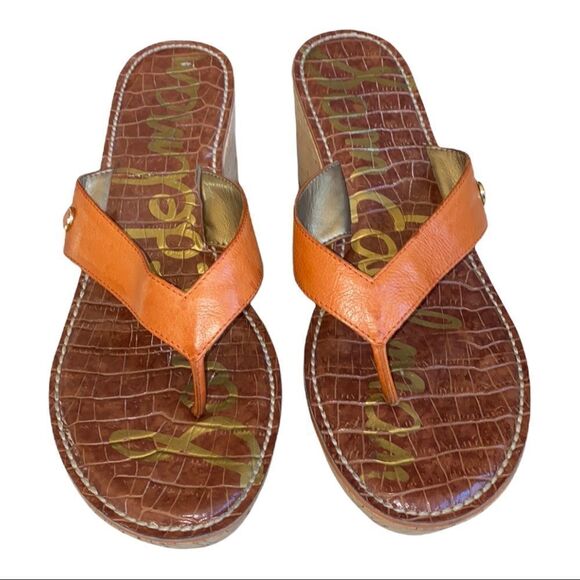 Women’s Sam Edelman Romy Brown Patent Leather Cork Thong Wedge Sandal-Size 9.5 - Picture 5 of 10